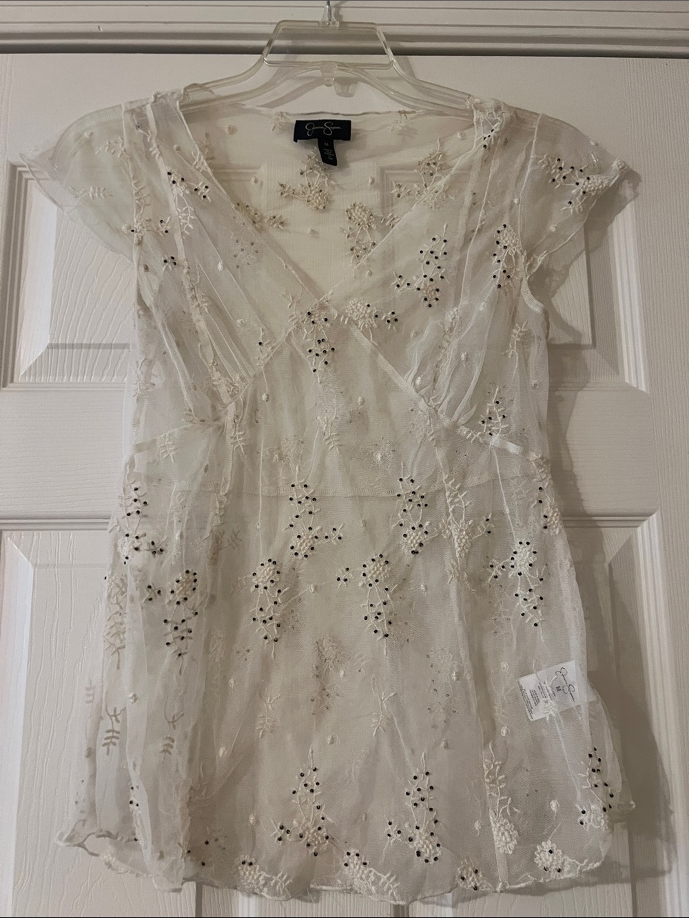 Ivory Floral Embroidered flutter sleeve sheer top